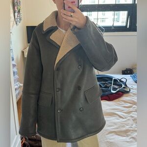 Zara Dark Green Pea Coat with Shearling Collar
